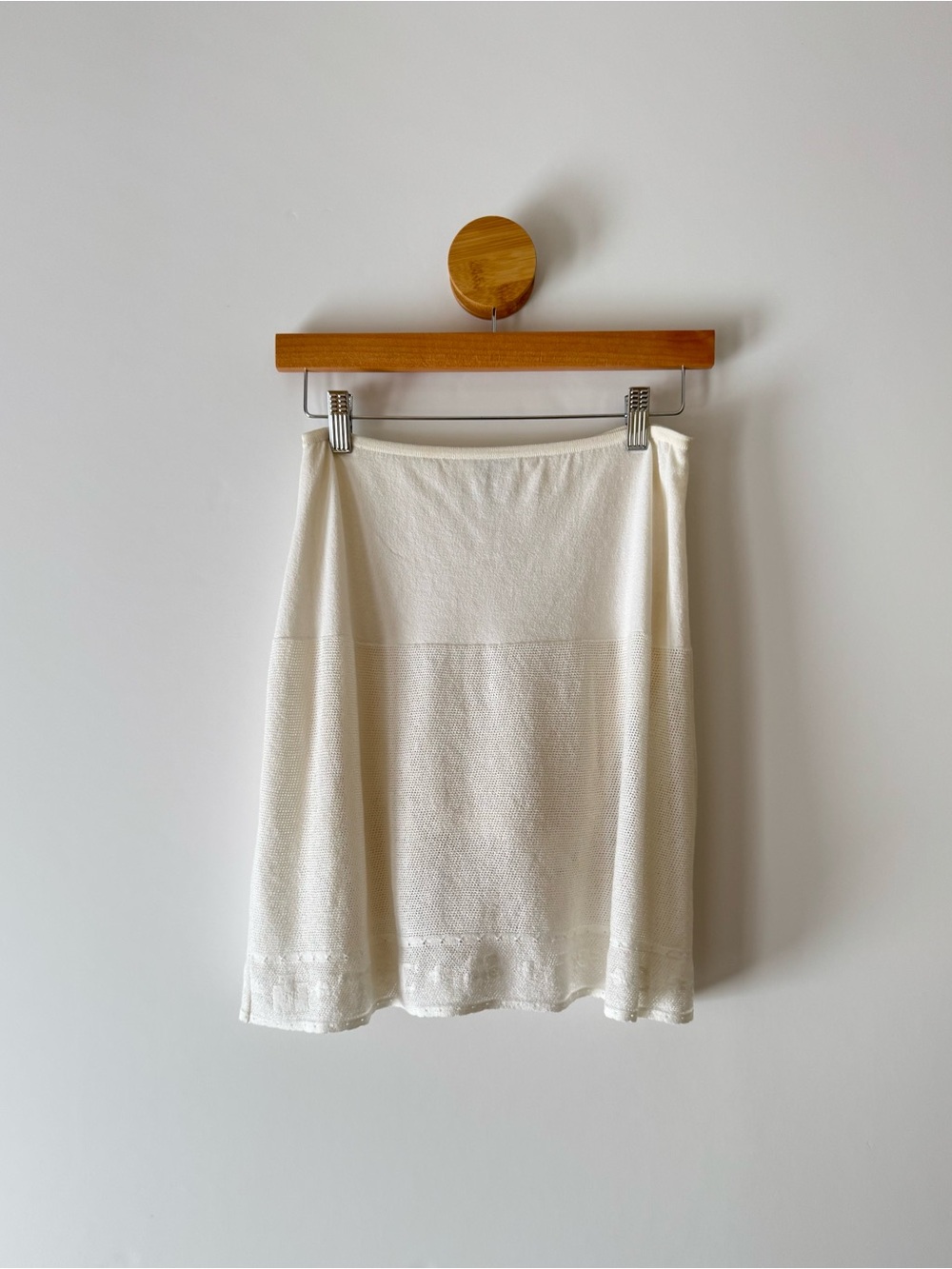 Sz36 CHANEL CC Logo Trim Cream A-Line Cotton and Silk Knit Skirt